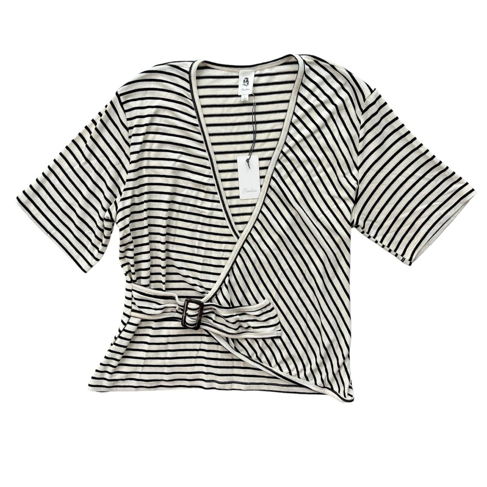 Flawless Women’s Large Black Cream Stripe, Knit Wrap Short Sleeve Blouse #WT8734